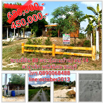ที่ดิน พนัสนิคม ชลบุรี : ขายที่ดิน 80 ตร.ว(แถมบ้าน) 450,000 บาท โทร,0890068488