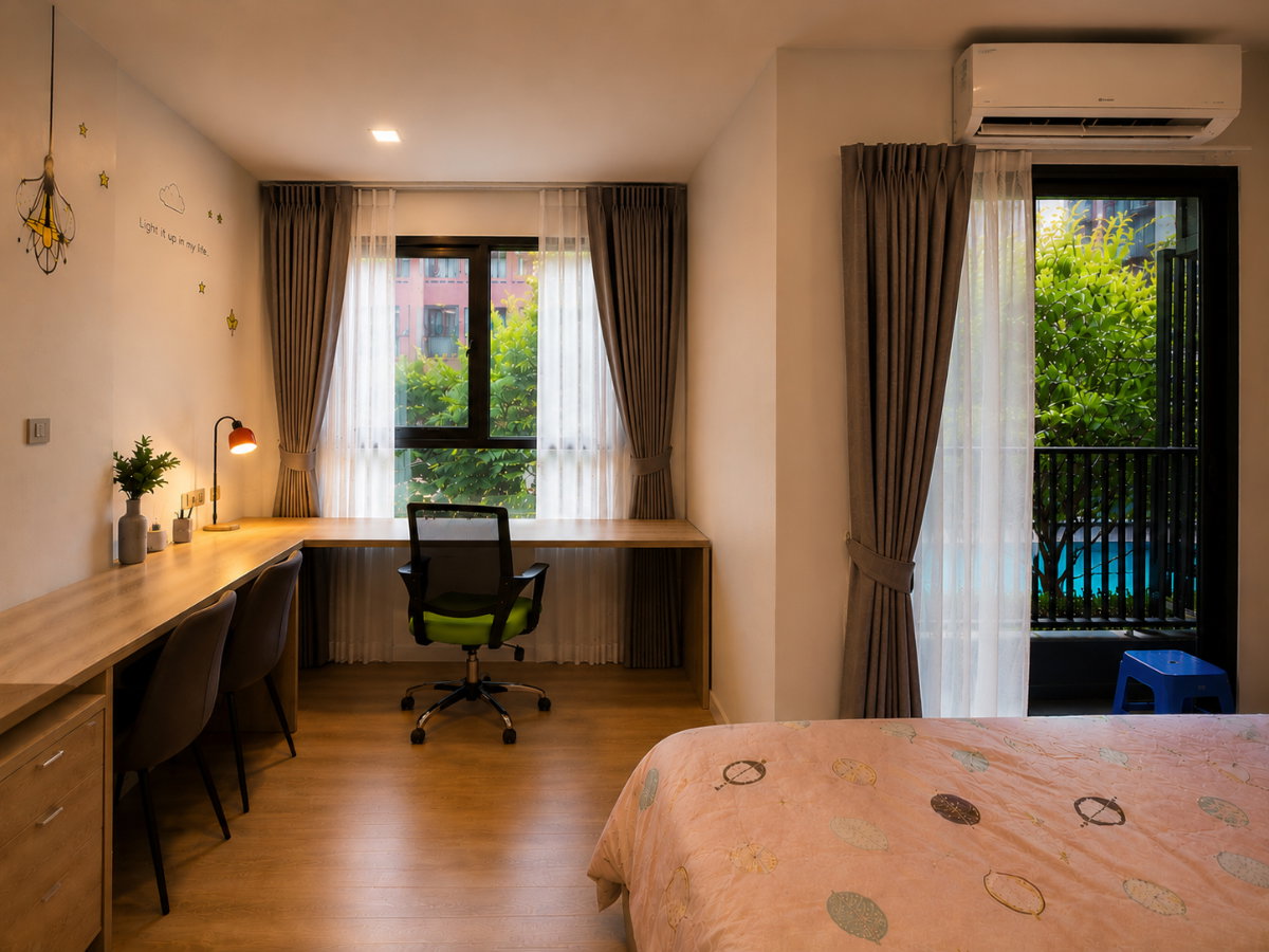 รูป 🏢 ให้เช่า Kave TU อาคาร D ชั้น 2 | วิวสระ | เฟอร์ครบ | โต๊ะทำงาน Built-in L-Shape - รูปที่ 2/7