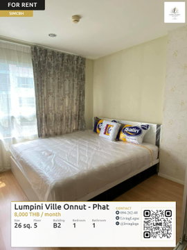 เช่าด่วน คอนโด Lumpini Ville Onnut - Phatthanakan 26 ตร.ม. ชั้น 5 พร้อมเฟอร์นิเจอร์ 8,000 บาท/เดือน