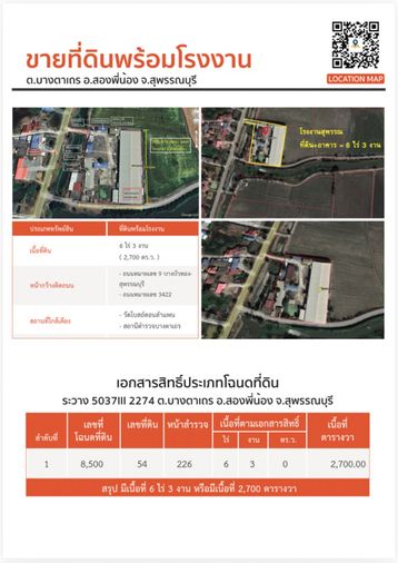 ขายที่ดินพร้อมโรงงาน ขนาด 6 ไร่ 3 งาน  สองพี่น้อง  สุพรรณบุรี มีใบ รง.4 CKB สุพรรณบุรี เนื้อที่ 2700 ตรว
