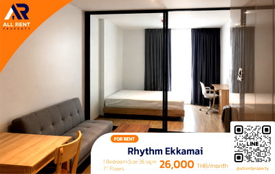 คอนโดให้เช่า : 🔥 ปล่อยเช่าด่วน! Rhythm Ekkamai Luxury Modern Condo ใกล้ BTS เอกมัย 1 ห้องนอน เพียง 26,000/เดือน