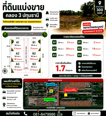 ที่ดิน คลองหลวง ปทุมธานี : ที่ดินคลอง 3 หน้าตลาดไทยสมบูรณ์ ซ.5/2 (1)  เเบ่งขายเป็นล็อค 