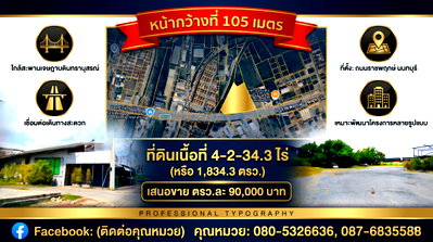 Land for sale Muang Nonthaburi Nonthaburi : Land for Sale near Maha Chesadabodindranusorn Bridge Prime road frontage land with 105-meter wide frontage Price: 90,000 THB per sq.wah