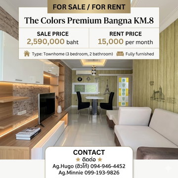 📣For Rent 🏡The Colors Premium Bangna KM.8 (เดอะ คัลเลอร์ส พรีเมี่ยม บางนา กม.8) 🏡 CH-035