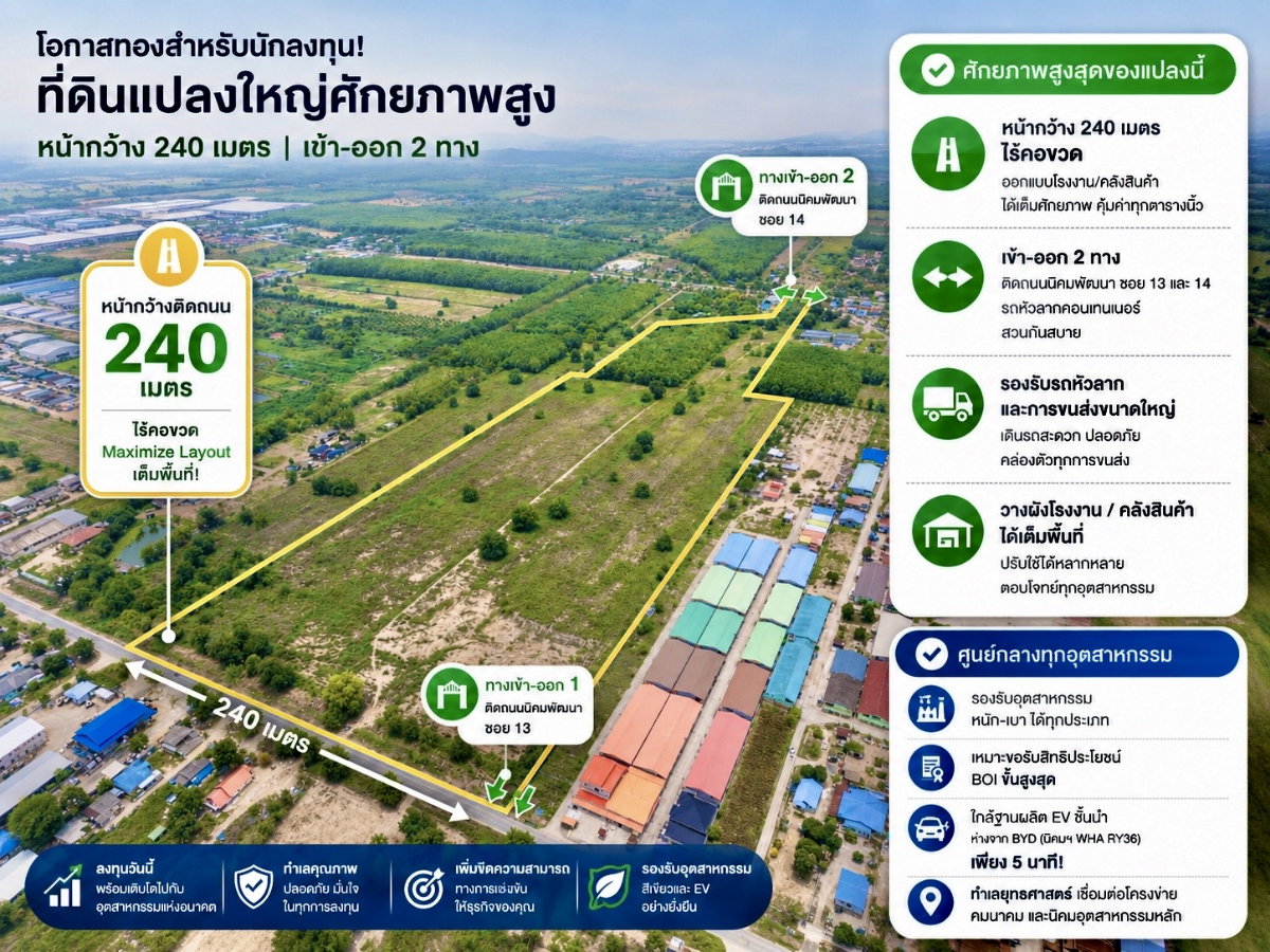 รูป ขายที่ดินอุตสาหกรรม 109 ไร่ ผังสีม่วง EEC ระยอง หน้ากว้าง 240 เมตร - รูปที่ 2/9
