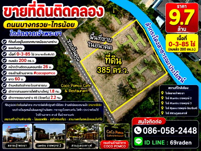ที่ดิน ม.เทคโนโลยีราชมงคลสุวรรณภูมิ : ขายที่ดินติดคลอง ถนนบางกรวย-ไทรน้อย ใกล้ตลาดเจ้าพระยา