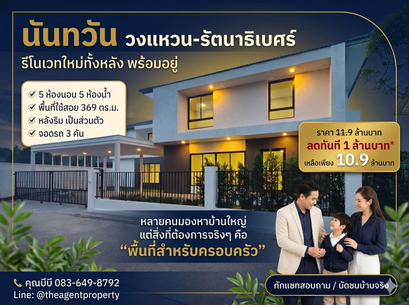 ขายบ้านเดี่ยว : ขายบ้านรีโนเวทใหม่ นันทวัน วงแหวน-รัตนาธิเบศร์ หลังริม เนื้อที่ 108.5 ตร.ว. หลังริม 5 นอน 5 น้ำ โครงการคุณภาพ Land & Houses บางใหญ่ ลดทันที 1 ล้านบาท