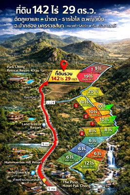 Land for sale Pak Chong Nakhon Ratchasima : Large Land for Sale – 142 Rai in Phaya Yen, Pak Chong  near to “Than Jai Sai” waterfall. Ideal for building a resort, homestay, private villa, or farm