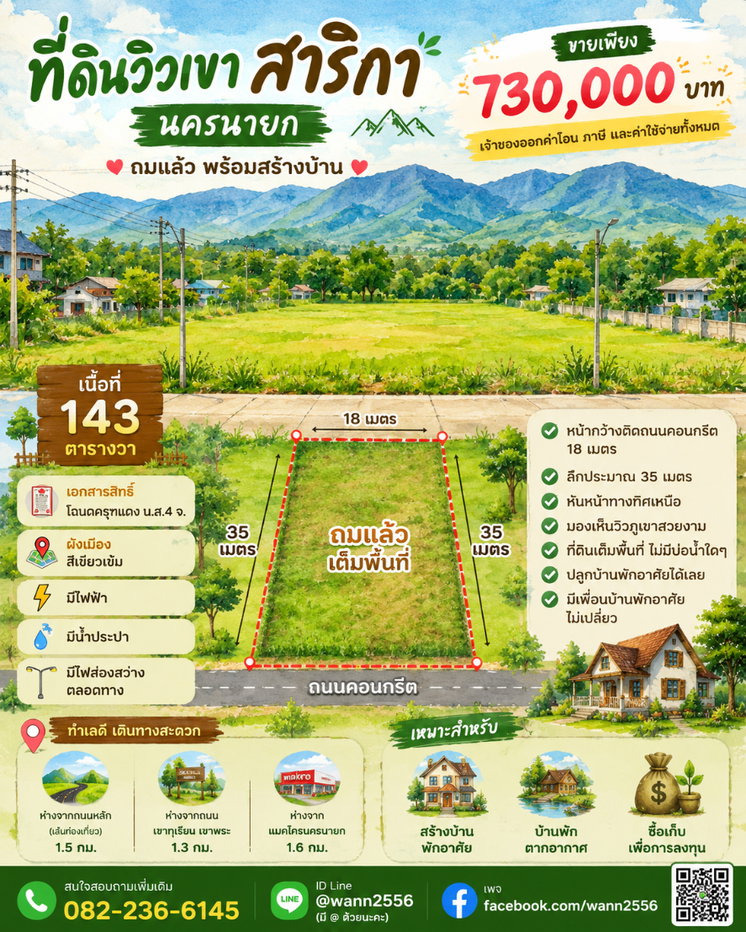 รูป ขายที่ดิน 143 ตร.ว. ถมแล้วเต็มพื้นที่ มีโฉนด ตำบลสาริกา ด้านหน้าติดนถนคอนกรีต ขายถูก - รูปที่ 2/18