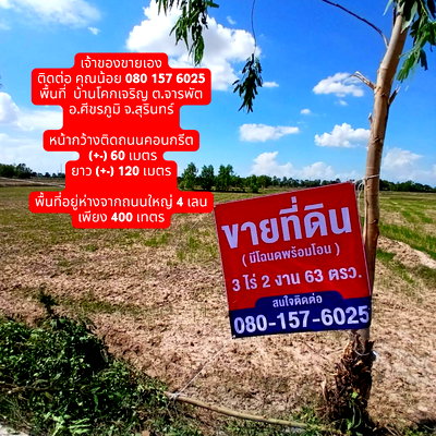 ที่ดิน สุรินทร์ : ขายที่สวยติดถนนคอนกรีตหมู่บ้าน ห่างจากถนน 4 เลนประมาณ 400 เมตร