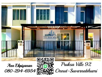 Townhouses for rent Suwannaphum International Airport : 🚩⭐🍀 For Rent: 2-story Townhome, Pruksa Ville 92 Onnut-Suvarnabhumi. "Think Big for a Lifestyle That's More Than Just a Townhome" ✅