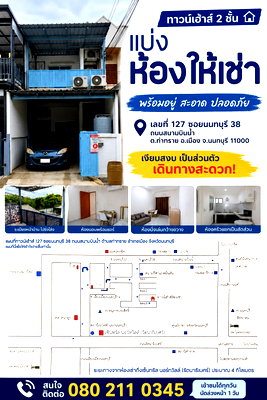 Townhouses for rent Boromarajonani College Of Nursing Bamrasnaradura : Two-story townhouse with rooms for rent. Ready to move in, clean, safe, and fully furnished. Near the Government Lottery Office and Nok Hoog Market.