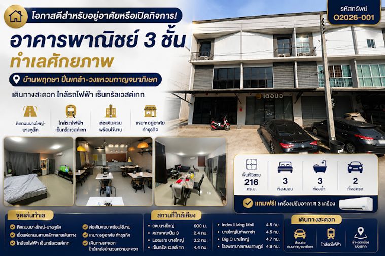 โอกาสดีสำหรับอยู่อาศัยหรือเปิดกิจการ อาคารพาณิชย์ 3 ชั้น ทำเลศักยภาพ พฤกษา ปิ่นเกล้า–วงแหวนกาญจนาภิเษก เดินทางสะดวก ใกล้รถไฟฟ้า เซ็นทรัลเวสต์เกท