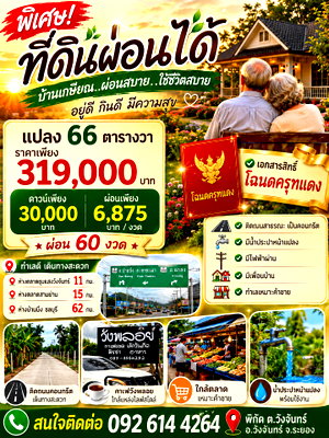 ขายที่ดิน : ขายที่ดินผ่อนได้ เนื้อที่ 66 ตรว. ติดถนนลาดยาง ราคา 319000 บาท อ.วังจันทร์ จ.ระยอง