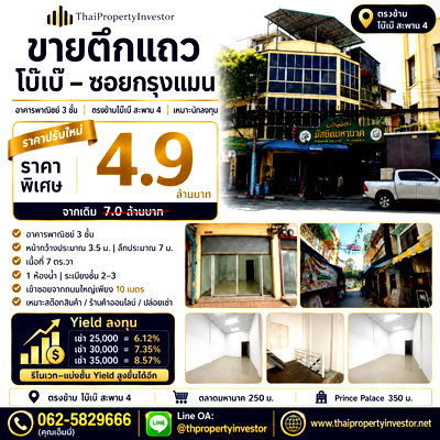 อาคารพาณิชย์ ถนนบรรทัดทอง : ขายตึกแถวโบ๊เบ๊–ซอยกรุงแมน (มัสยิดมหานาค) ลดจริง 1.5 ล้าน เหลือ 5.5 ลบ. อาคารพาณิชย์ 3 ชั้น ตรงข้าม ตลาดโบ๊เบ๊ สะพาน 4 ห่างถนนใหญ่เพียง 10 เมตร 