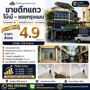 ขายตึกแถวโบ๊เบ๊–ซอยกรุงแมน (มัสยิดมหานาค) ลดจริง 1.5 ล้าน เหลือ 5.5 ลบ. อาคารพาณิชย์ 3 ชั้น ตรงข้าม ตลาดโบ๊เบ๊ สะพาน 4 ห่างถนนใหญ่เพียง 10 เมตร
