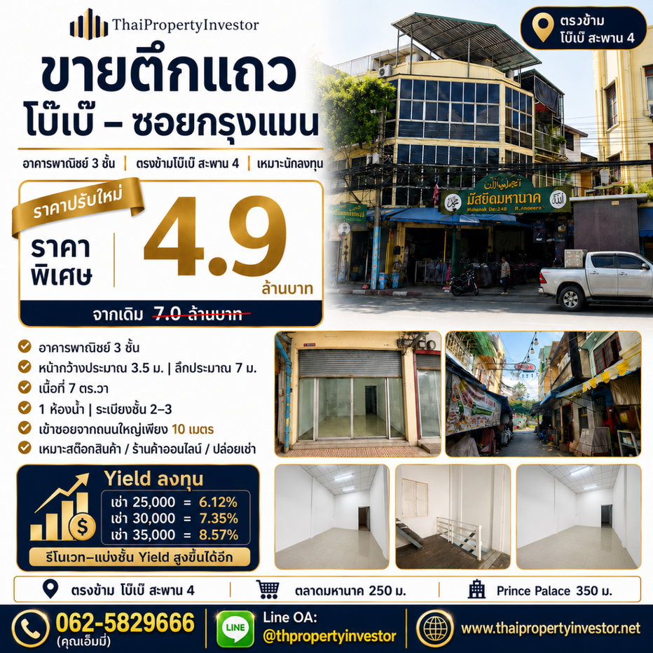 รูป ขายตึกแถวโบ๊เบ๊–ซอยกรุงแมน (มัสยิดมหานาค) ลดจริง 1.5 ล้าน เหลือ 5.5 ลบ. อาคารพาณิชย์ 3 ชั้น ตรงข้าม ตลาดโบ๊เบ๊ สะพาน 4 ห่างถนนใหญ่เพียง 10 เมตร  - รูปที่ 1/23