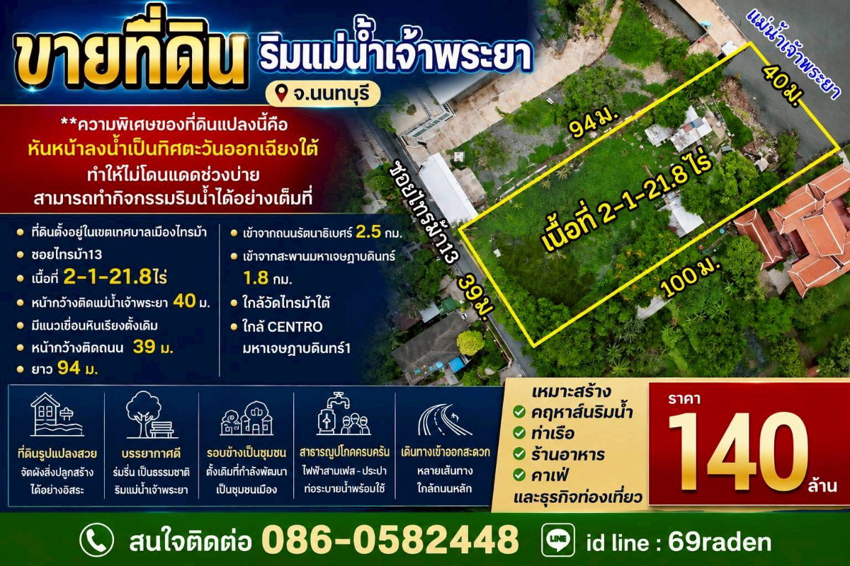 รูป ขายที่ดิน ริมแม่น้ำเจ้าพระยา จ.นนทบุรี - รูปที่ 1/1