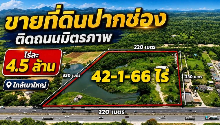 Call : 081-621-8899 ขายที่ดินปากช่อง 43 ไร่ (แบ่งขาย 21 ไร่ได้) ราคาถูกมาก หน้ากว้างติดถนนมิตรภาพ 220 เมตร กลางดง ปากช่อง นครราชสีมา