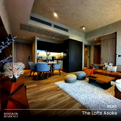 Condos for rent : Rental Condo 🌆 The Lofts Asoke, 2br 85.4 sq.m. 90K 🤎 Beautiful warm wood-tone unit, cozy luxury, near MRT Phetchaburi 