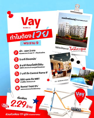 ขายคอนโด : ​💰 เริ่มต้นเพียง 2.29 ลบ. VAY Rama 9 คอนโดพร้อมอยู่ราคาดีที่สุด* ในทำเลพระราม 9 แต่งครบฟรีเฟอร์ฯ ทัก Line: @wsrcondo
