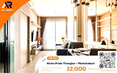 คอนโดให้เช่า : 🔥 Niche Pride Thonglor - Phetchaburi ห้องชั้นสูง ใกล้ทองหล่อ เพียง 22,000 บาท ✨ 1 ห้องนอน 36 ตร.ม. ชั้น 23 วิวเมืองสวย 