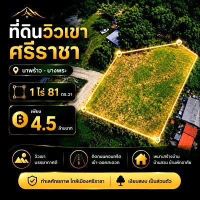 ที่ดิน ม.เทคโนโลยีราชมงคลตะวันออก : ขายที่ดินวิวเขา 1 ไร่ 81 ตรว. ทำเลดี นาพร้าว บางพระ ศรีราชา