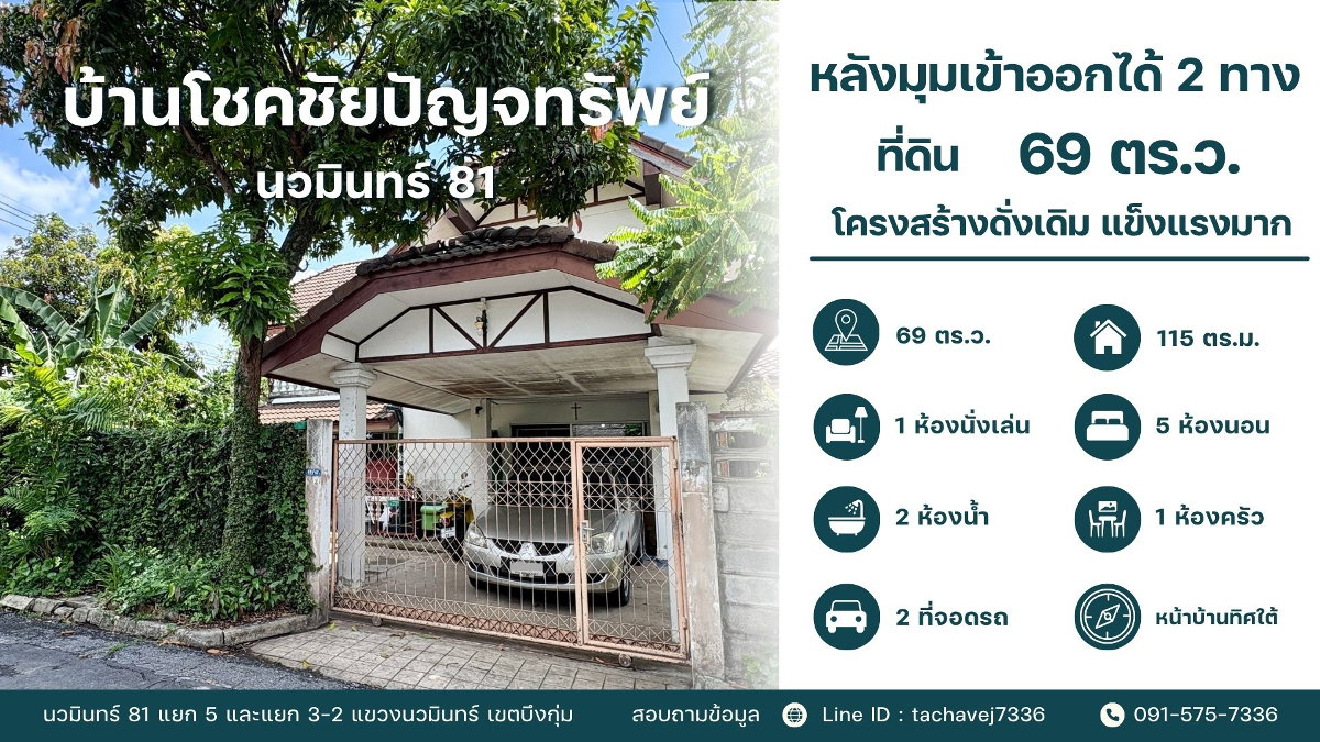 รูป ขายบ้านเดี่ยวหลังมุม เนื้อที่กว้าง 69 ตร.ว. ทำเลดีเข้า-ออกได้หลายทาง หมู่บ้านโชคชัยปัญจทรัพย์ (นวมินทร์ 81) - รูปที่ 1/22
