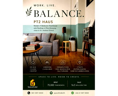 Townhouses for rent Bangkok : Call : 061-047-4444 Work Live Balance PT2 Haus, Modern 4-Bedroom Townhouse with Rooftop in Phra Khanong