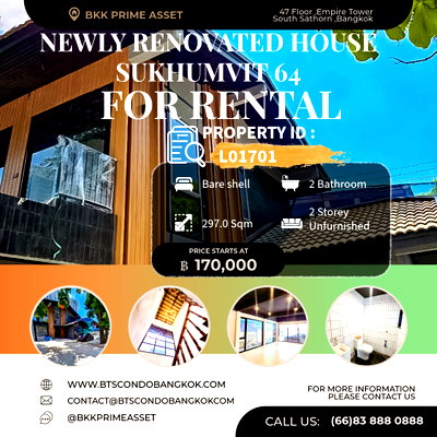 เช่าโฮมออฟฟิศ พระโขนงใต้ : 🌳🏡A newly renovated 2-story detached house, suitable for commercial space, ideal for restaurants, cafes nail salons yoga studios  near Bts Punnwithi