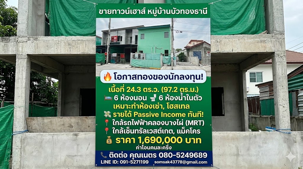 รูป ขายทาวน์เฮาส์ หมู่บ้านบัวทองธานี บางบัวทอง 24.3 ตร.ว. 6นอน 6น้ำ เหมาะทำห้องเช่า ลงทุนคุ้ม Yield สูง ใกล้รถไฟฟ้าคลองบางไผ่ - รูปที่ 1/10
