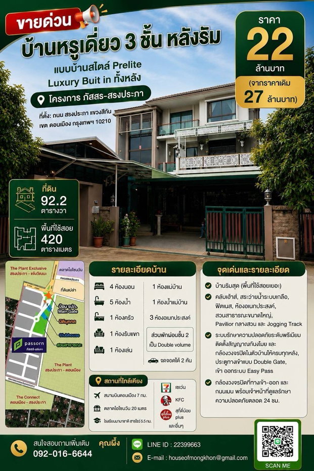 รูป ขายด่วน บ้านหรูเดี่ยว 3 ชั้น หลังริม,หลังมุม -แบบบ้านสไตล์ Prelite -Luxury Buit in ทั้งหลัง -โครงการ ภัสสร-สรงประภา (ดอนเมือง) - รูปที่ 1/36