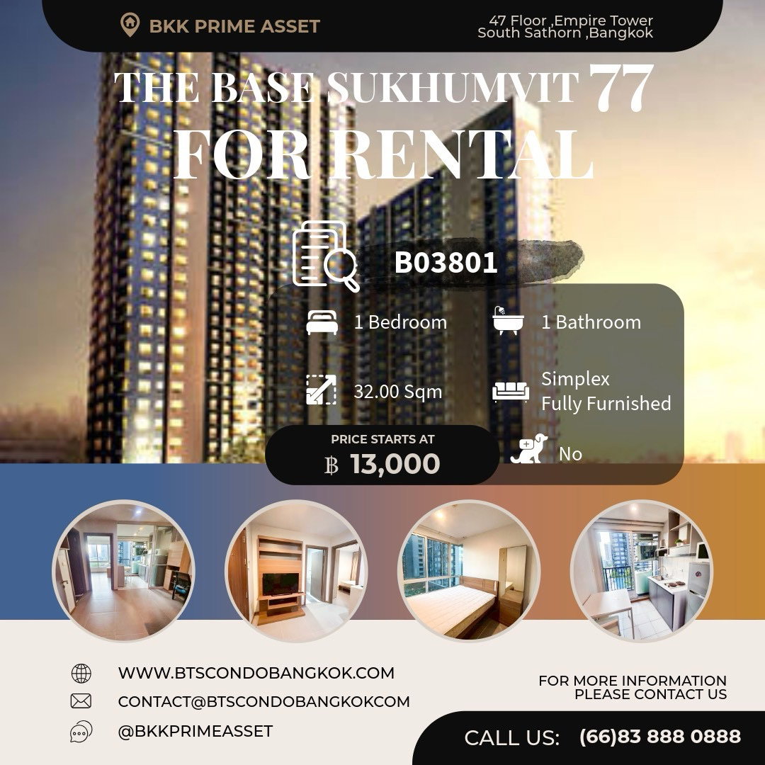 มีว่าง หลายห้องราคา 🔥12,000฿-15,000฿🔥 □■ The Base Sukhumvit 77 1BR 1BH 32 sq.m new Aircondition new re-painted wall pool view for Rental ■□