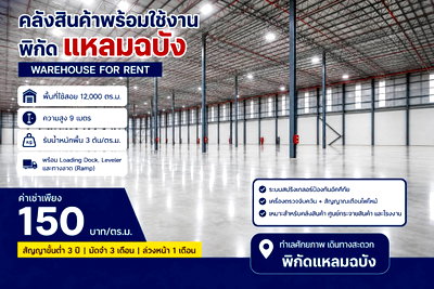 เช่าโรงงาน ตลาดสามย่าน แกลง : ให้โกดัง/คลังสินค้าใหม่ พร้อมใช้งาน 12,000 ตรม.แหลมฉบัง