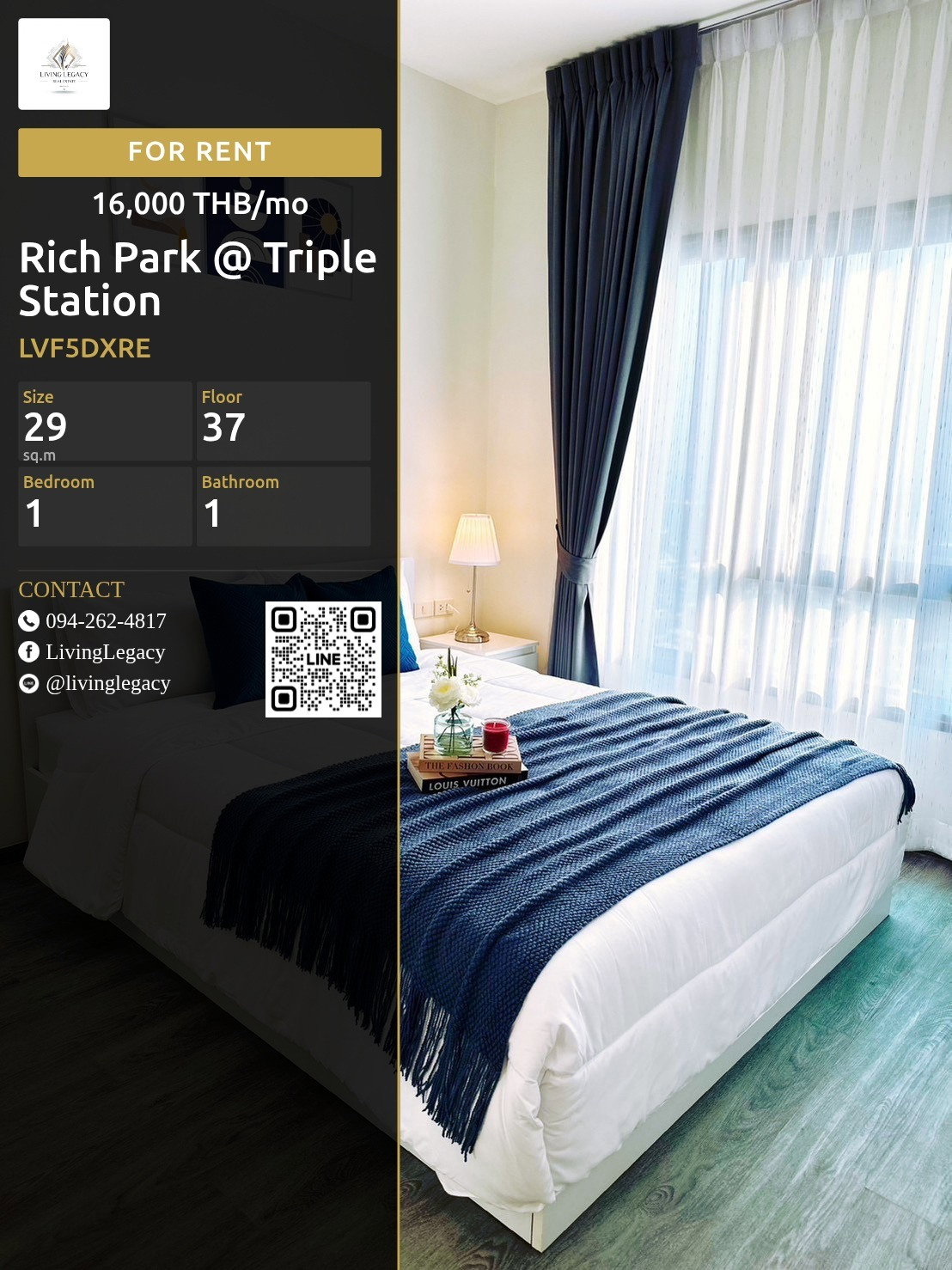 LVF5DXRE เช่าด่วน คอนโด Rich Park @ Triple Station 29 ตร.ม. | ชั้น 37 | 1 ห้องนอน | 1 ห้องน้ำ 16,000 บาท/เดือน line id : @livinglegacy