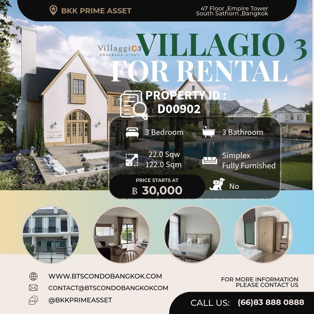 🌳🏡□■ Villaggio 3 Srinakarin - Bangna 3 BR 3 BH Fully Furnished with the best price for Rental ■🏡🌳