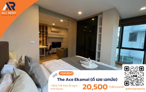 🔥 The Ace Ekkamai: Spacious 42 sq.m. room near BTS Ekkamai, only 20,000 THB! ✨ 1 bedroom, 4th floor, near Gateway Ekkamai. Ready to move in! 🏙️