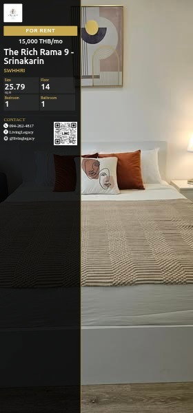 SWHHRI เช่าด่วน คอนโด The Rich Rama 9 - Srinakarin 25.79 ตร.ม. | ชั้น 14 | 1 ห้องนอน | 1 ห้องน้ำ 15,000 บาท/เดือน line id : @livinglegacy