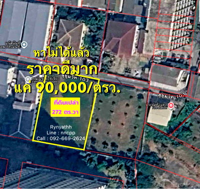 ที่ดิน สุขุมวิท 103/2 : ขายด่วน แปลงที่ดินเปล่าสวยมาก 272 ตร.วา |ราคาถูกแบบหาไม่ได้แล้ว 90,000/ตร.วา.|ซ.สุขุทวิท103 อยู่หลังห้างBangkok Mall  โทร 092-669-2624