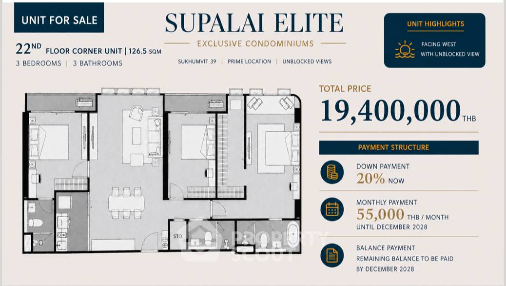 รูป คอนโด 3 ห้องนอน 126 ตร.ม. ชั้น 22 Supalai Elite Sukhumvit 39 ใกล้ MRT เพชรบุรี (ID 3067365) - รูปที่ 8/8