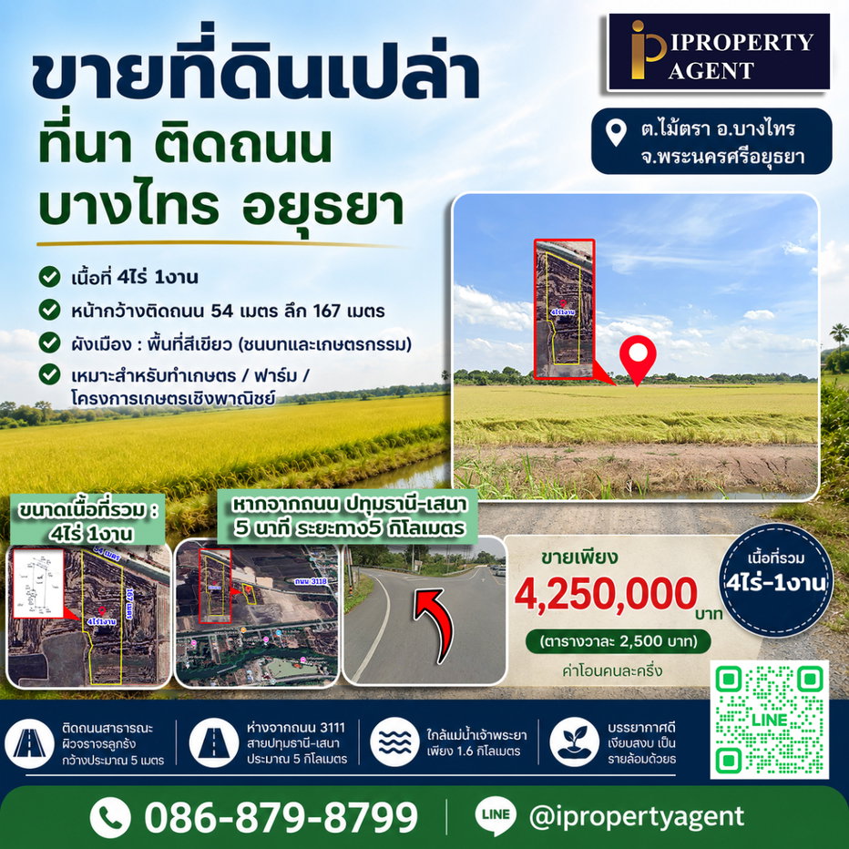 รูป ขายที่ดินเปล่า ที่นา ติดถนน บางไทร อยุธยา - รูปที่ 1/11