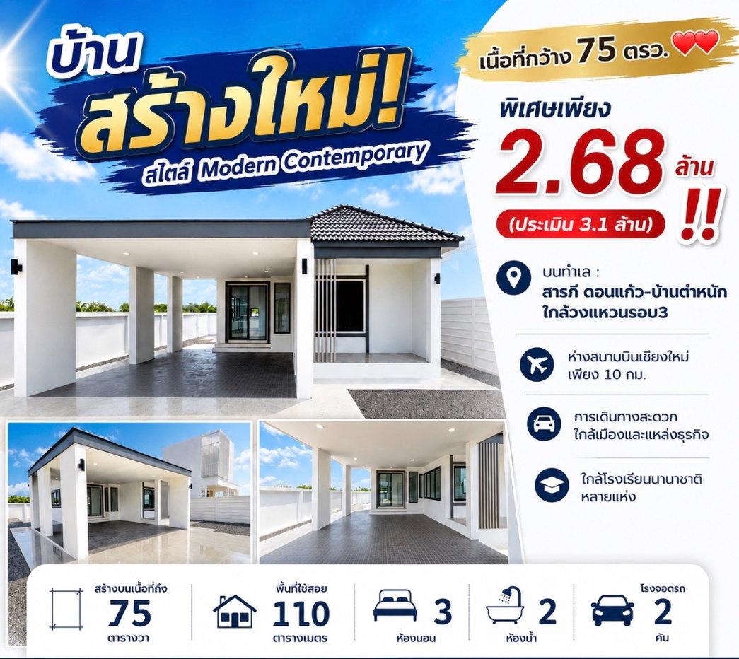 รูป บ้านหลังใหญ่ราคาหลุดตลาด! สารภี-ดอนแก้ว I จ่ายถูกกว่าราคาประเมินเป็นแสน! 🏡💰 - รูปที่ 1/15