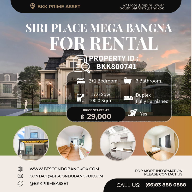Townhouses for rent : 🌳🏡□■ Siri Place Mega Bangna Corner Plot 2+1 BR 3 BH Fully Furnished  with the best price for  Rental ■□🏡🌳