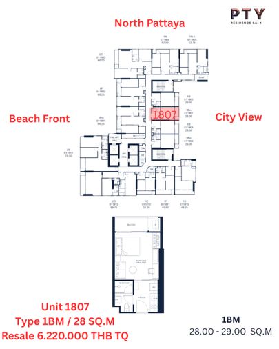 ขาย PTY Residence Sai1 พัทยากลาง ถนนสาย1 ใกล้ชายหาด ชั้น 18