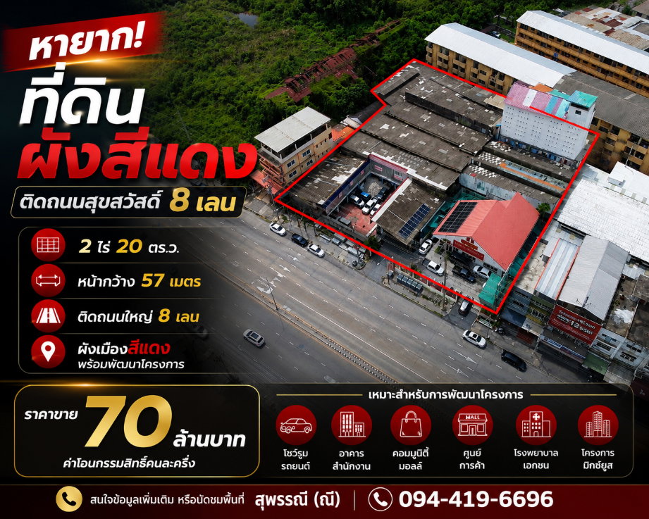 ขายที่ดินผังสีแดง 2 ไร่ 20ตรว. ติดถนนสุขสวัสดิ์ 8 เลน แปลงใหญ่ หายากมากพร้อมพัฒนาโครงการทันที (M10713)