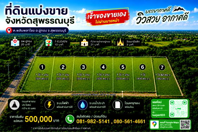 Land for sale Suphanburi : This beautiful land is ideal for creating a "Khao Nong Na" (integrated farming system), modern agriculture, building a retirement home, investment