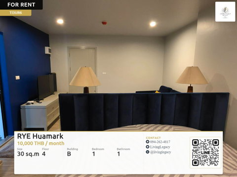TI3UR6 Rent RYE Huamark 30 sq.m. | Floor 4 | 1 Bed 1 Bath | 10,000 THB/mo | LINE: @livinglegacy
