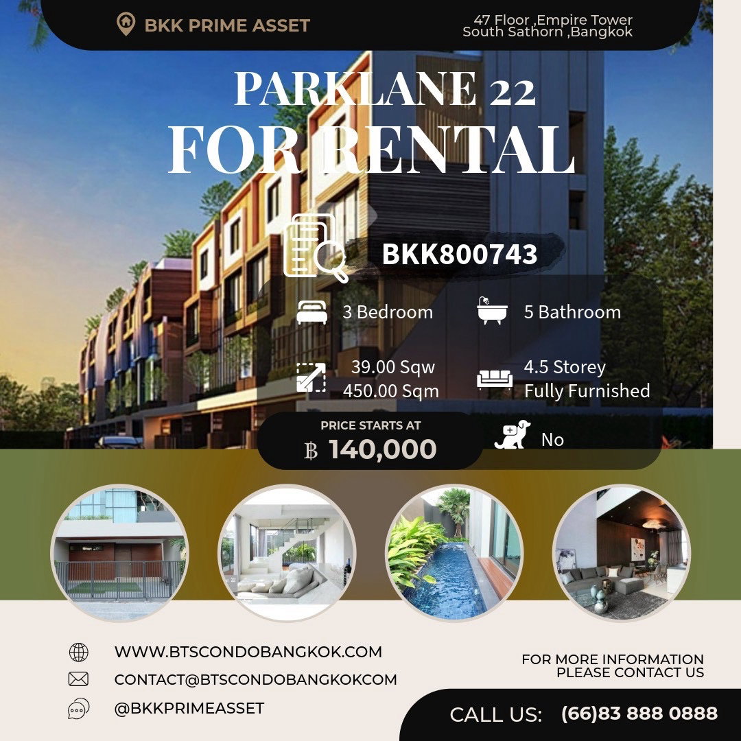 🌳🏡□■ The Park Lane Ekamai 22  3 BR 5 BH  450 sqm. Corner plot with private swimming pool and private side yard for Rental Townhome for  Rental■□🏡🌳