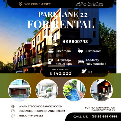 Townhouses for rent Soi Sukhumvit 71 : 🌳🏡□■ The Park Lane Ekamai 22  3 BR 5 BH  450 sqm. Corner plot with private swimming pool and private side yard for Rental Townhome for  Rental■□🏡🌳