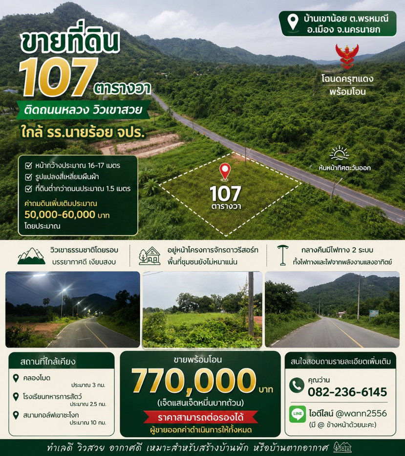 รูป ขายที่ดิน 107 ตารางวา โฉนดครุฑแดง ต.พรหมณี ติดถนนหลวง วิวเขาชัด - รูปที่ 13/20